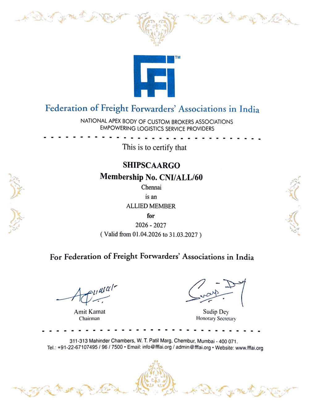 FFFAI certificate of Shipscaargo Chennai logistics company