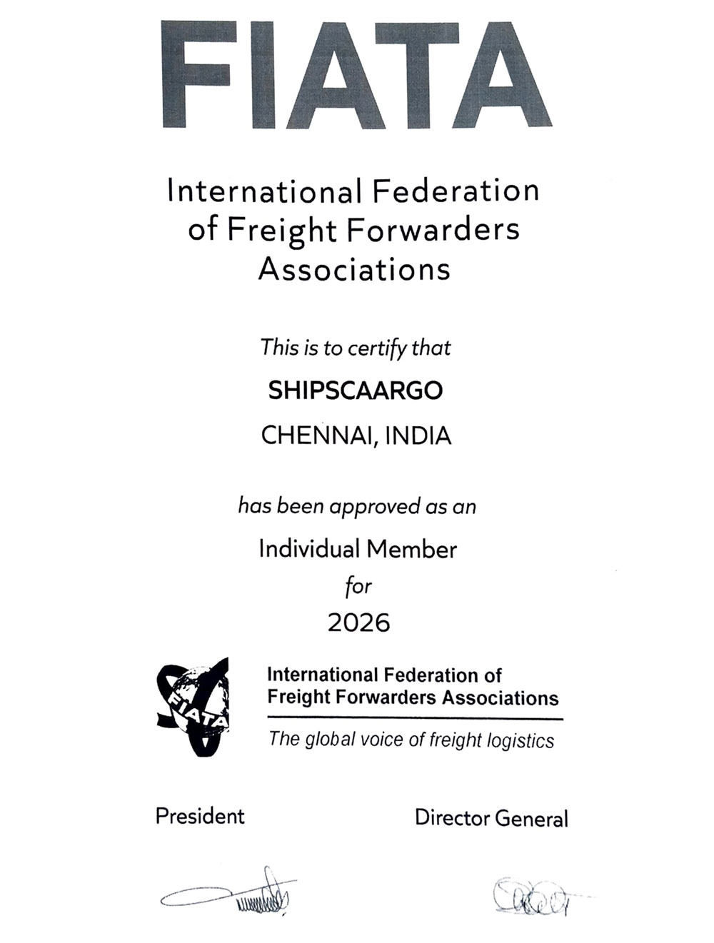 Official shipping and logistics certification of Shipscaargo Chennai India
